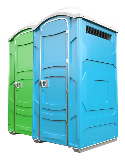 Two Hemet Event Restrooms portable toilets, green and blue